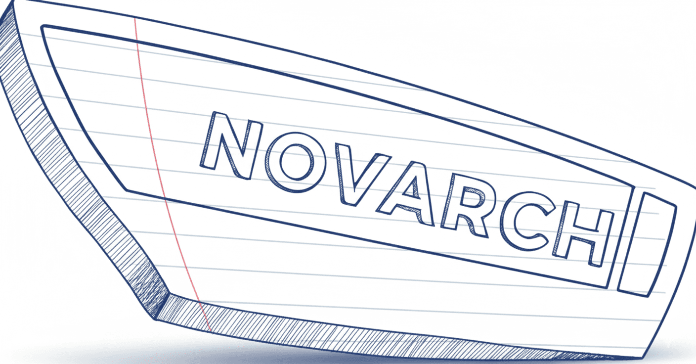 Original hand-drawn NOVARCH mark sketched at TU Ilmenau library by Sameer